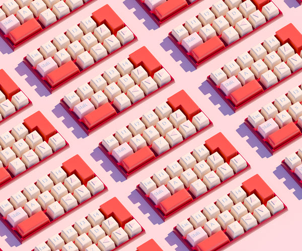 A 3D rendering of clusters of red and white computer keys arranged in neat rows and columns on a pink background.