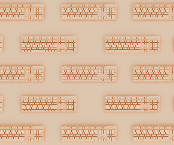 17 tan, full-size mechanical keyboards on a similarly colored background seen from directly above. The keycaps have no labels.