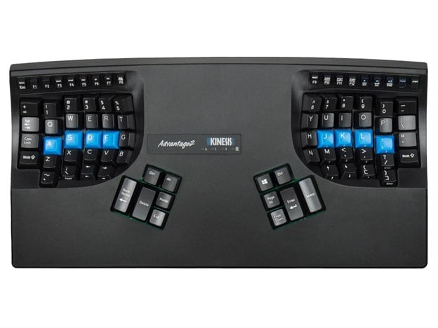 Top down view of the Kinesis Advantage 2 keyboard, showing its uniquely scooped finger clusters.