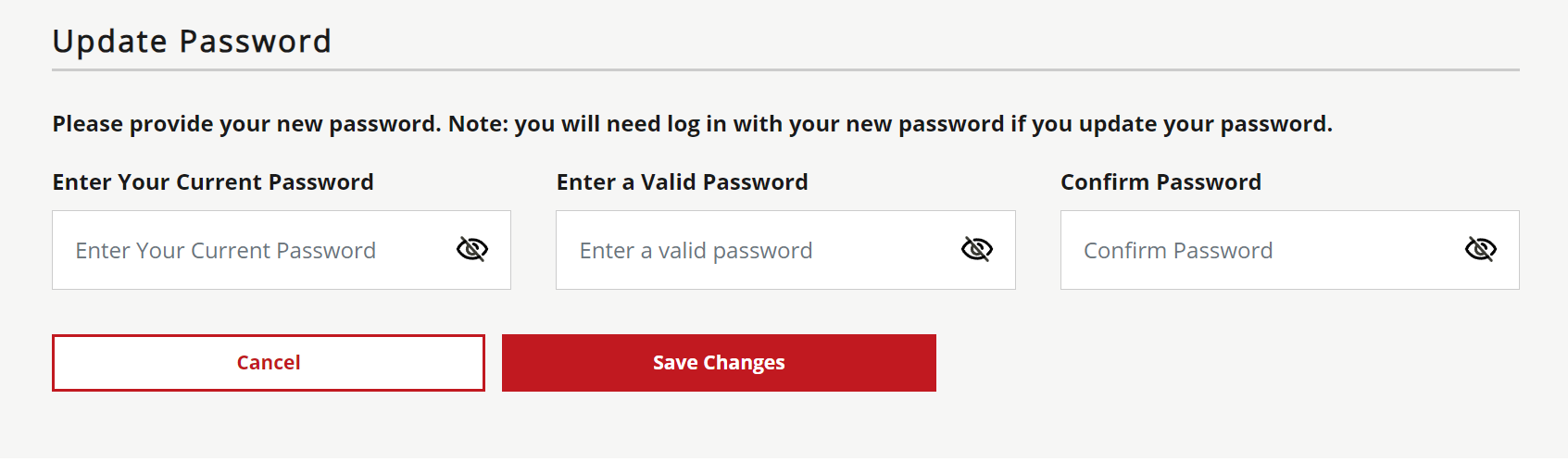 Screenshot of Update Password fields