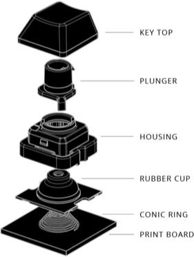 Illustration of a pulled apart Topre switch showing and naming all interior switch components